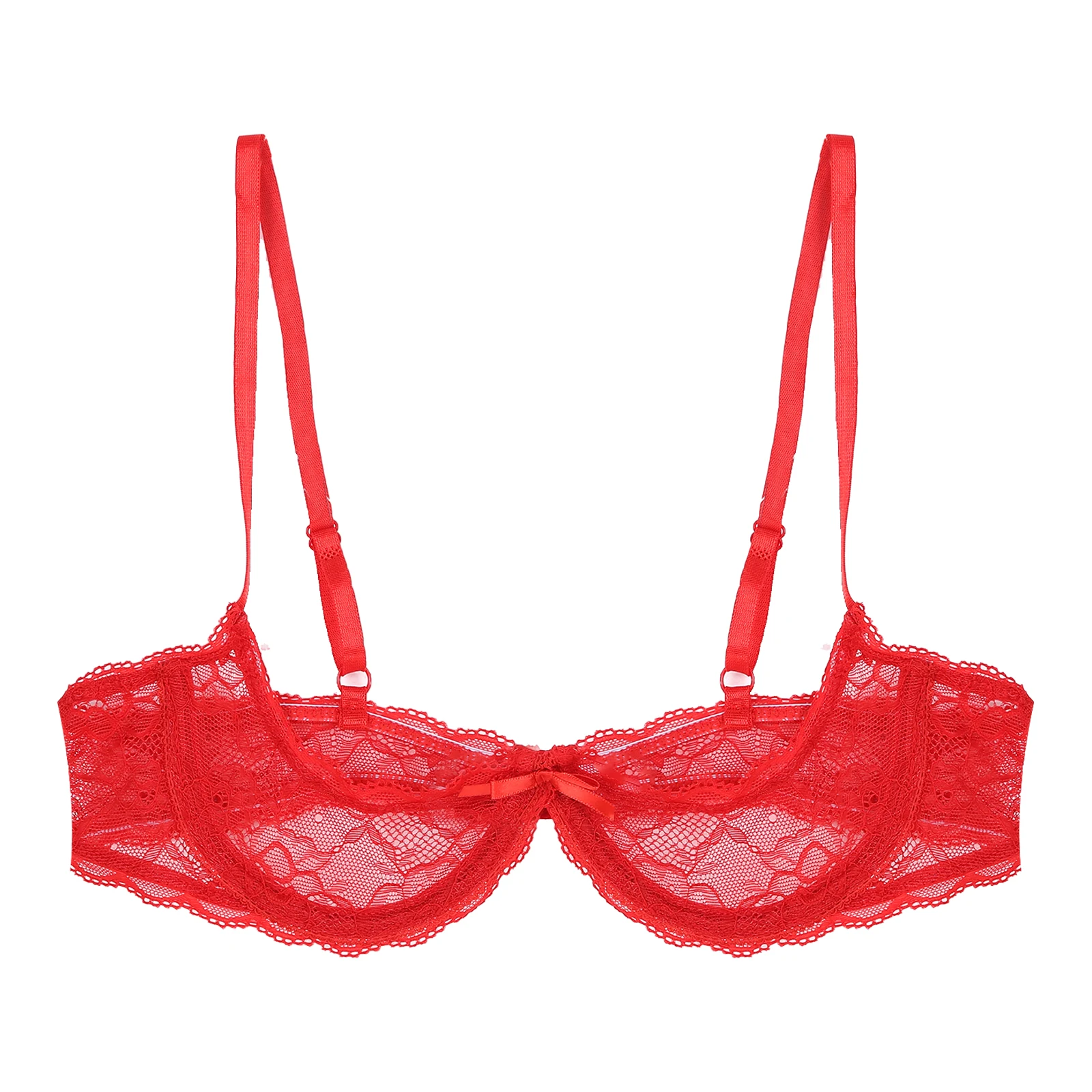 Women Bra See Through Lace Adjustable Straps Open Cups Push Up