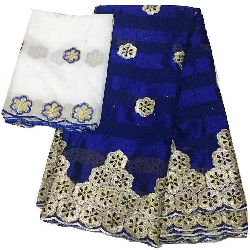 

Latest african fabric for dress imitated silk fabric ribbon silk fabric with chiffon lace set for royal blue color party dress