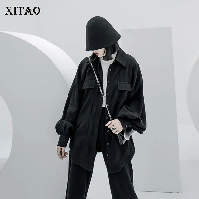 

XITAO Pleated Minority Blouse Women Single Breasted Korea Fashion Turn Down Collar Lantern Sleeve Elegant Pocket Shirt GCC1500