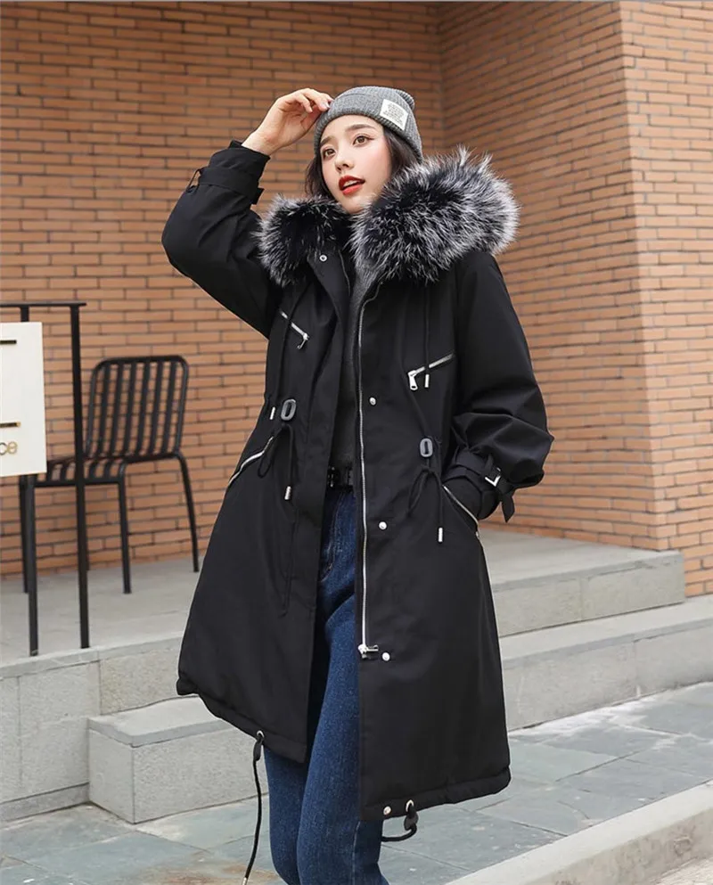 Parkas Mujer New Arrival Women Winter Jacket Large Fur Collar Hooded Female Jacket Long Coat Cotton Parkas Plus Size P11