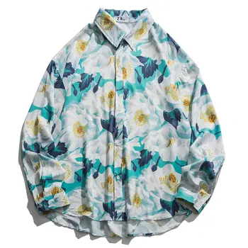

Women Mens Big Flower White Shirt Men Long Sleeve 2020 Spring Hiphop Abstract Tree Stripes Shirt Street Mens Shirts Male Top