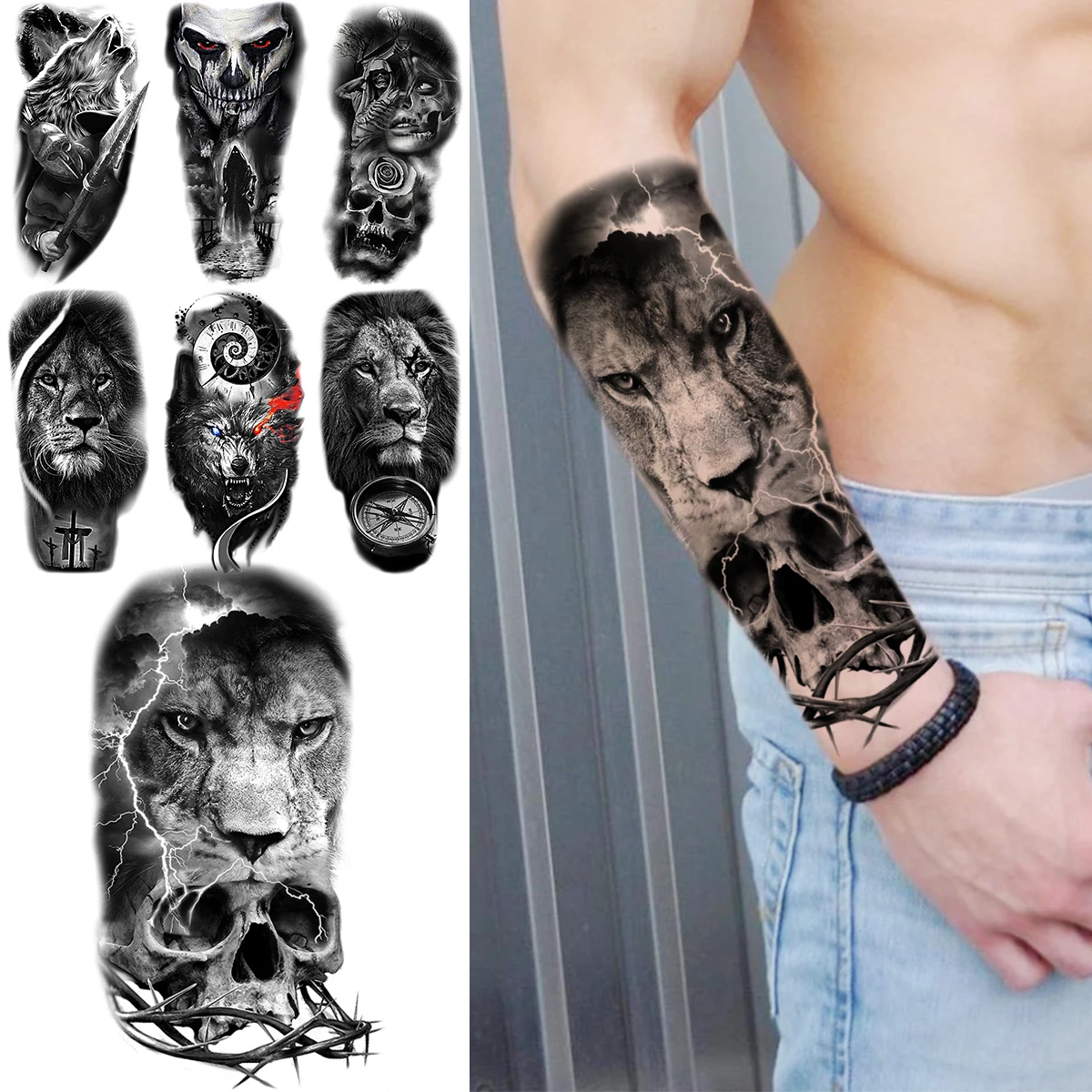 Komstec Tribal Colour Wild Lion Eye Pack 4 Temporary Tattoo Waterproof (2x4  inch)