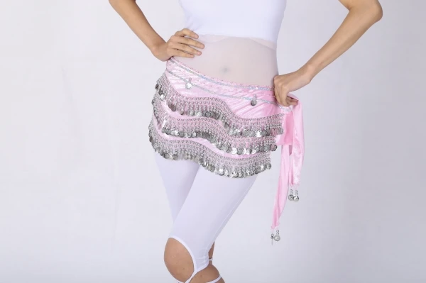 pink silver Женский бархатный шарф для танца живота волнистой формы, с серебряными золотыми монетами, индийский танец, 3 ряда, с блестками, бисероплетение, пояс, юбка - Цвет: pink silver