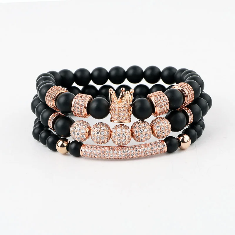 JARAVVI Luxury Design CZ Pave Crown Charm Natural Stone Matte Onyx Elastic Bracelet Set Men Jewelry Gift - Image 3
