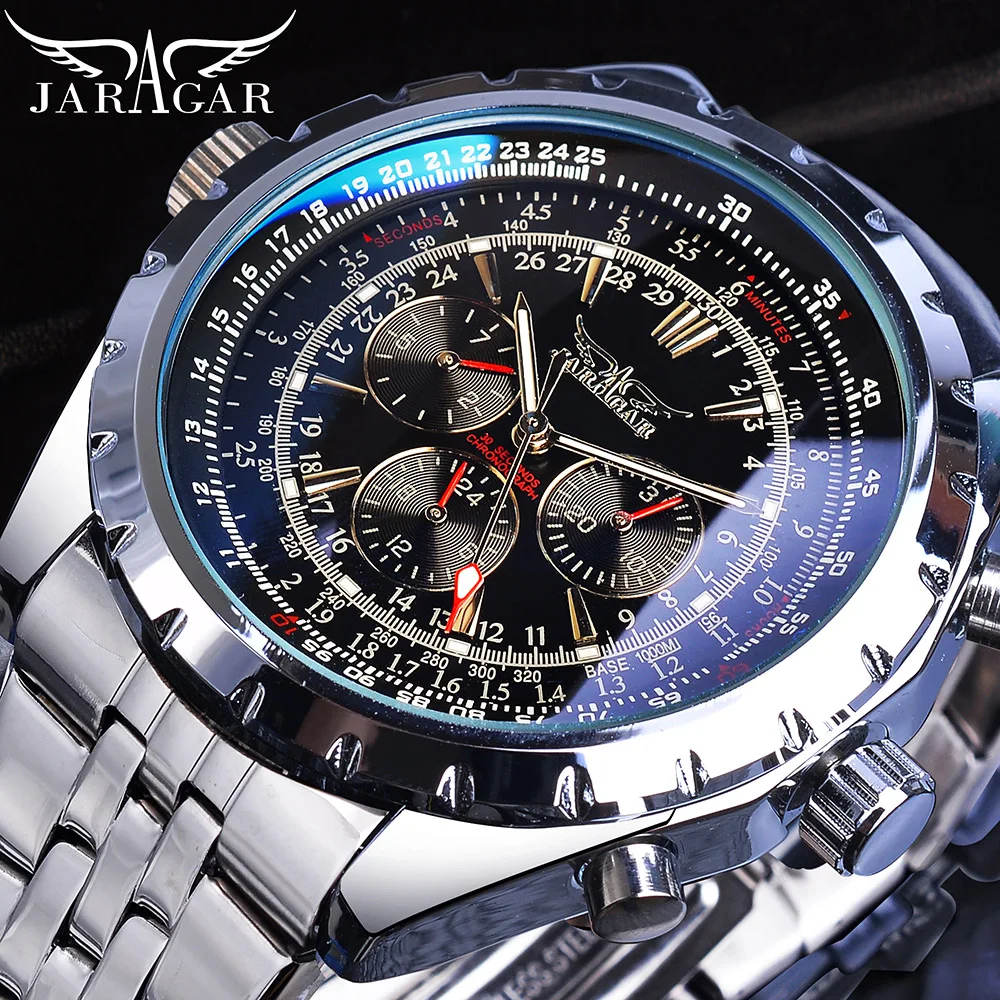 Jaragar Blue Glass Design Black Silver Automatic Watch Stainless Steel Date Clock Luminous Men Business Mechanical Wristwatch new nh35 dome sapphire glass tandorio 36mm mechanical watch for men pilot wristwatch full green luminous dial luxury clock