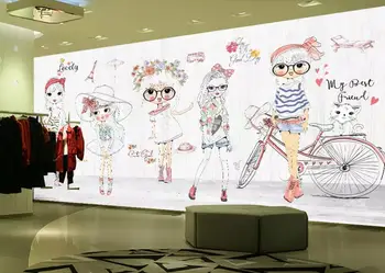 

CJSIR Custom Children 3d Wallpaper Hand Drawn Cartoon Girl Fashion Bicycle Cafe Bar Background Papel De Parede 3d Wallpaper