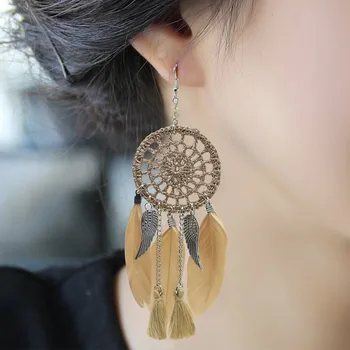 

Retro National Style Dreamcatcher Feather Hook Earrings For Women Female Drop Dangel Earrings Fashion Ear Jewelry 7 Colors