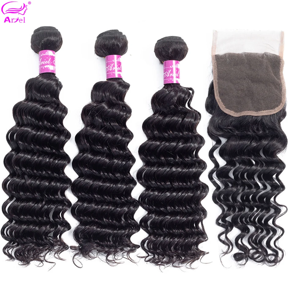 

Ariel Brazilian Deep Wave Bundles With Closure 3 Bundles With Closure 4*4 Natural Color Non-Remy Human Hair Bundles With Closure