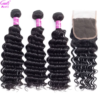 

Ariel Brazilian Deep Wave Bundles With Closure 3 Bundles With Closure 4*4 Natural Color Non Remy Human Hair Bundles With Closure