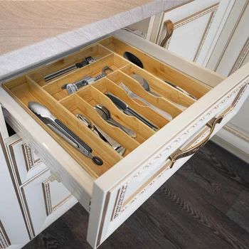 

AFBC Bamboo Kitchen Drawer Organizer - Expandable Silverware Organizer/Utensil Holder And Cutlery Tray With Grooved Drawer Divid