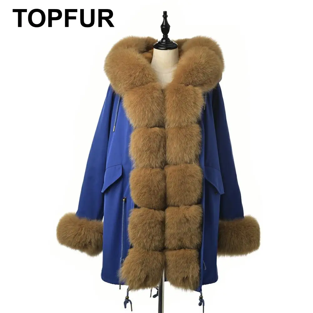 Женская парка с натуральным мехом лисы TOPFUR коричневая капюшоном зимняя 2020 |