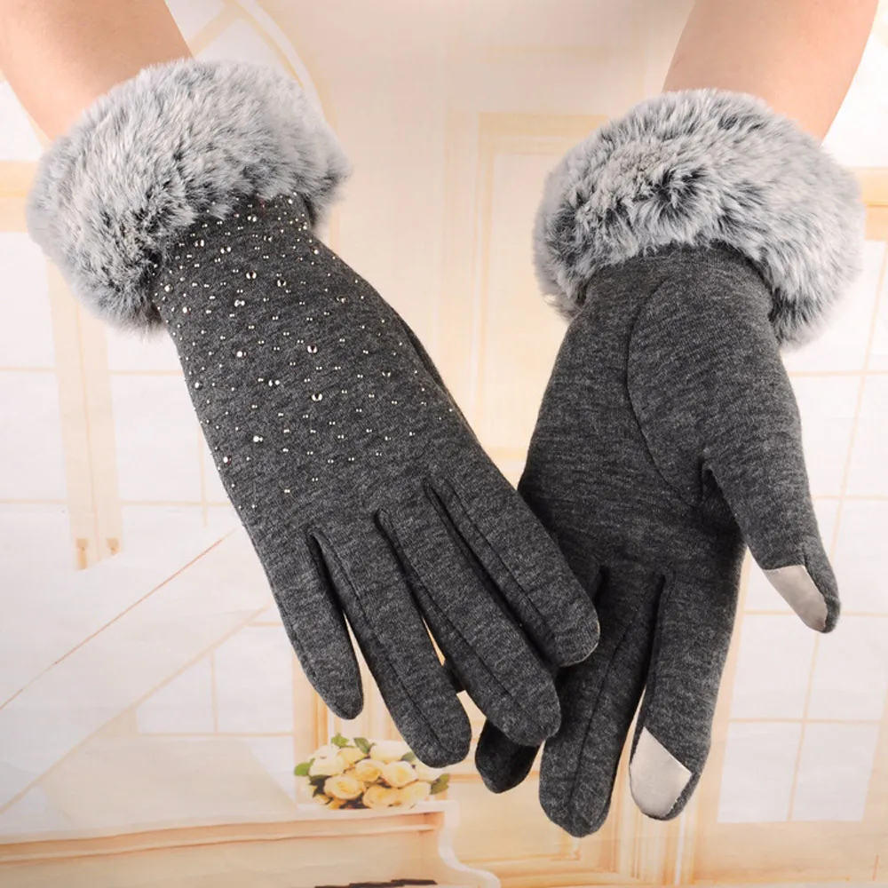 Шикарные зимние перчатки со стразами, с сенсорным экраном, из искусственного меха, на запястье, митенки для пальцев для женщин, Зимние перчатки для женщин, handschoenen
