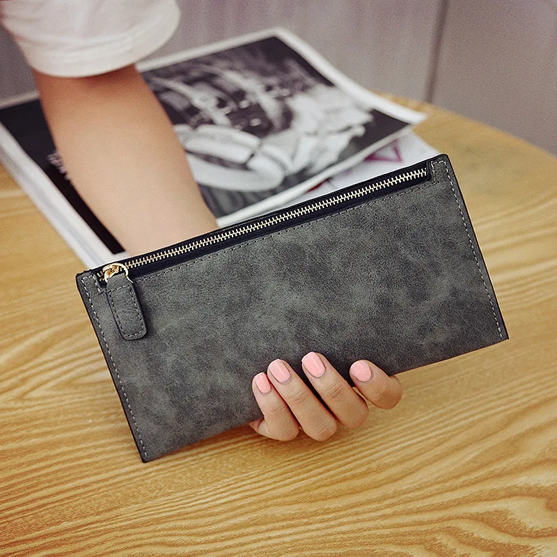 

Ougger Men Women Purses Ultra Thin Wallet Long PU Frosted Solid Color Portable Elegant New Arrival Zipper Money Bags