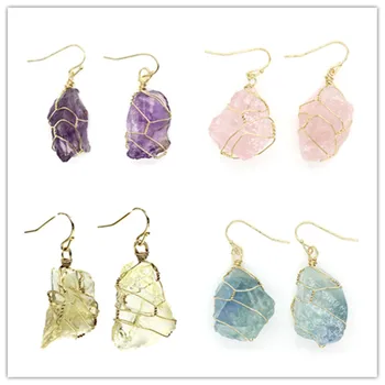

Kraft-beads Light Yellow Gold Color Wire Wrap Irregular Shape Rose Pink Quartz Dangle Earrings Lemon Crystal Jewelry