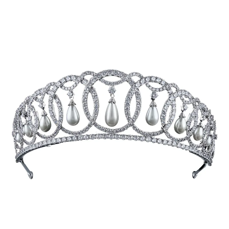 13,5 дюймов Elizabeth Pearl Tear Crown Высокая чистота экологически латунь AAA циркон белые золотые диадемы для свадебных женщин