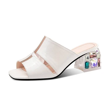 

Genuine Leather slippers For Walk At Home Concise crystal Thick Heels Pumps Women Footwear Casual Basic House Shoes Woman