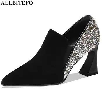 

ALLBITEFO hot sale genuine leather sexy high heels party women shoes high quality Sequins high heel shoes office ladies shoes