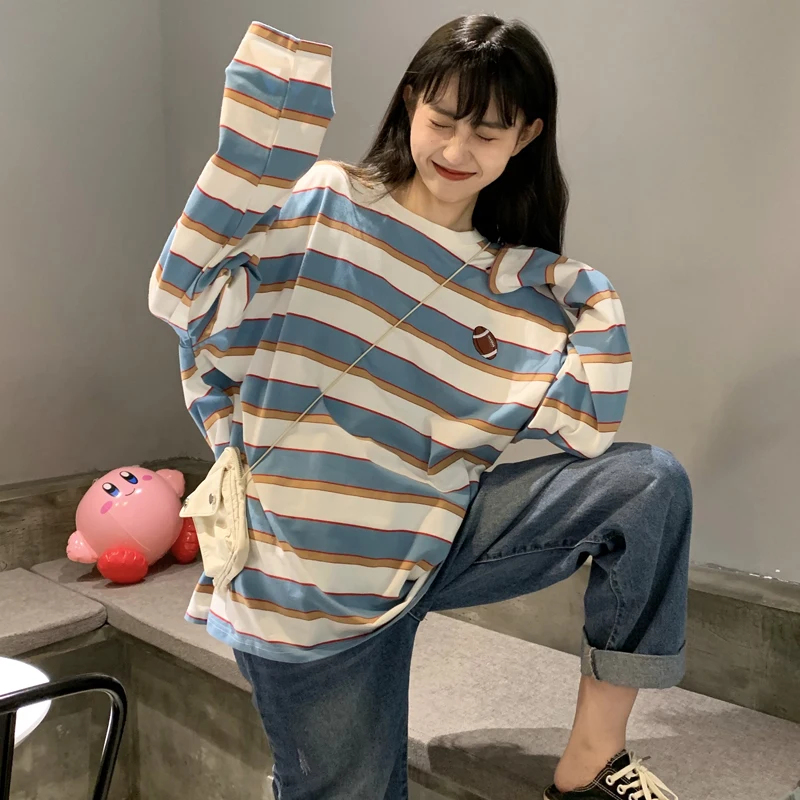 Свободная вышитая полосатая футболка Женские кофты японский Harajuku Ulzzang женский корейский кавайный милый одежда для женщин