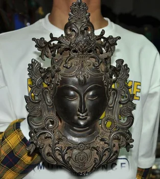 

wedding decoration 12" Old Tibetan buddhism Pure Bronze Tara Kwan-yin buddha head Mask Wall hanging