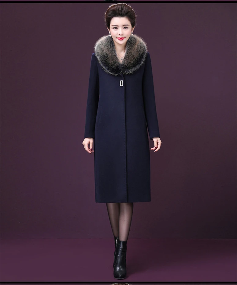 Новое длинное шерстяное пальто для женщин среднего возраста зимние теплые меховые куртки и пальто с меховым воротником элегантное теплое шерстяное пальто плюс размер 5XL