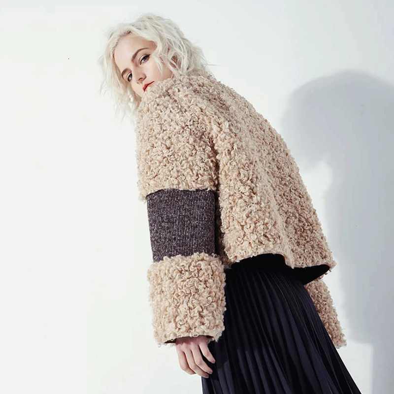 CHICEVER пальто из овечьей шерсти в стиле пэчворк хитовых цветов для женщин, винтажные куртки с круглым вырезом и длинным рукавом, женская