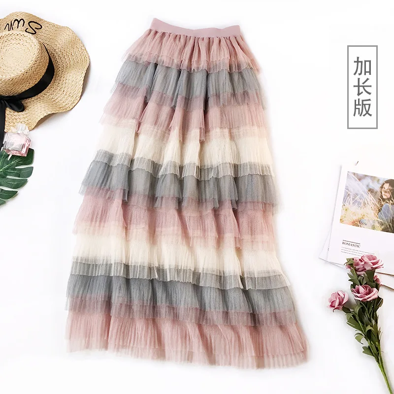 

Rainbow Skirt Multi Layers Cake Skirts Gradually Gradient Ankle Legnth Long Skirt Mesh Patchwork Holiday Skirts Womens Chic