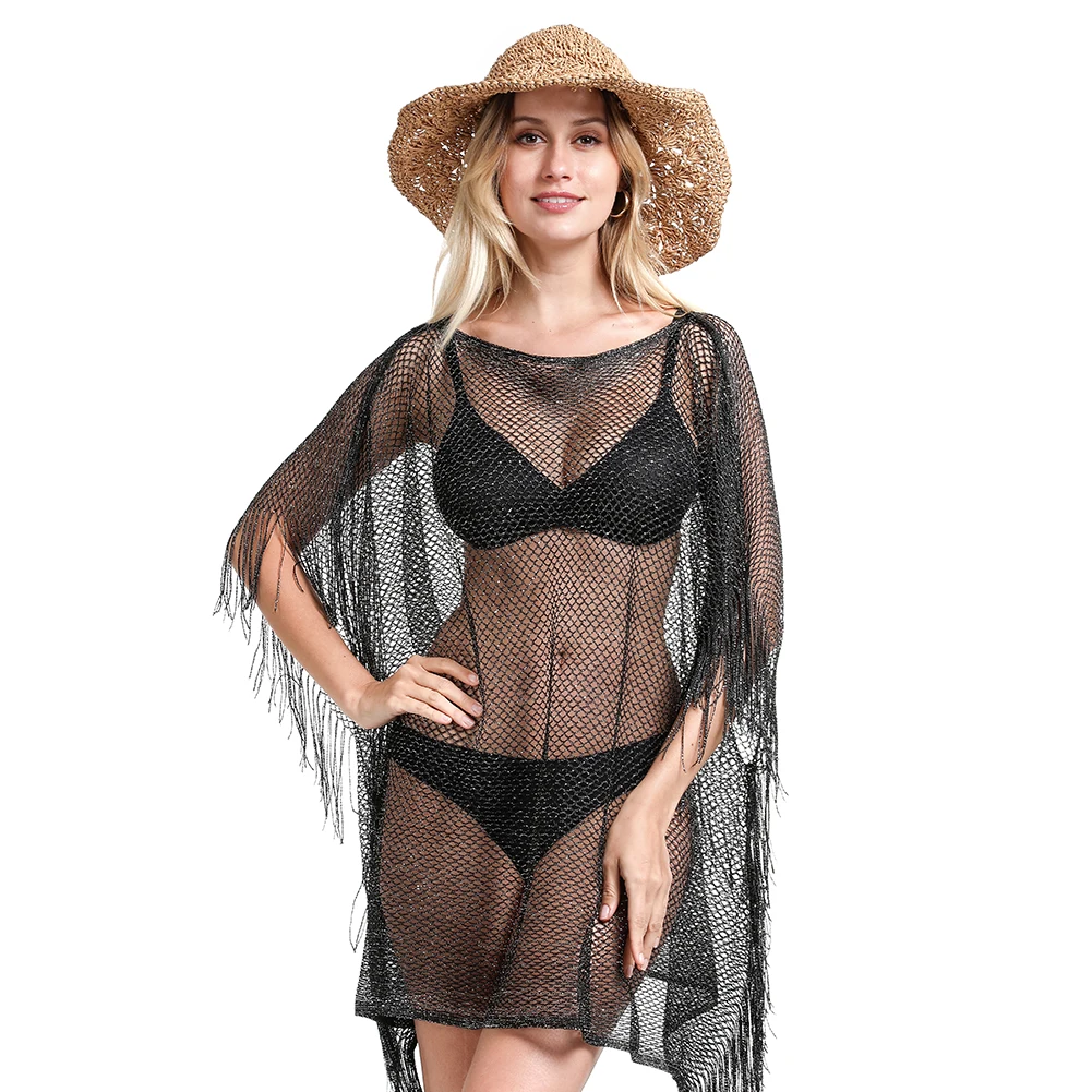 Beach Cover up Bikini Swimsuit Sheer Mesh Shining Metallic Sparkle Tunic Swimwear Wrap shein bathing suit cover ups