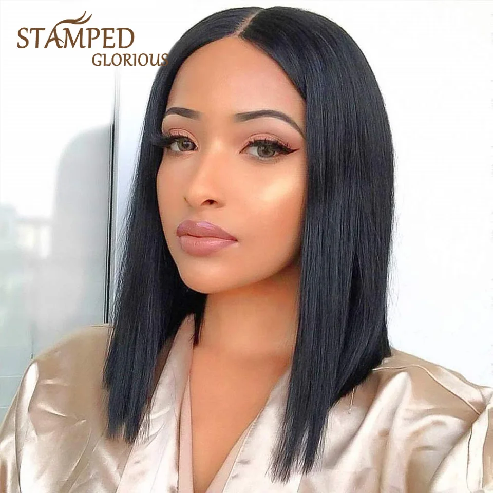 

Stamped Glorious 14inches Middle Part Straight Lace Wig Short Black Wig Heat Resistant Fiber Synthetic Wigs for Black Women