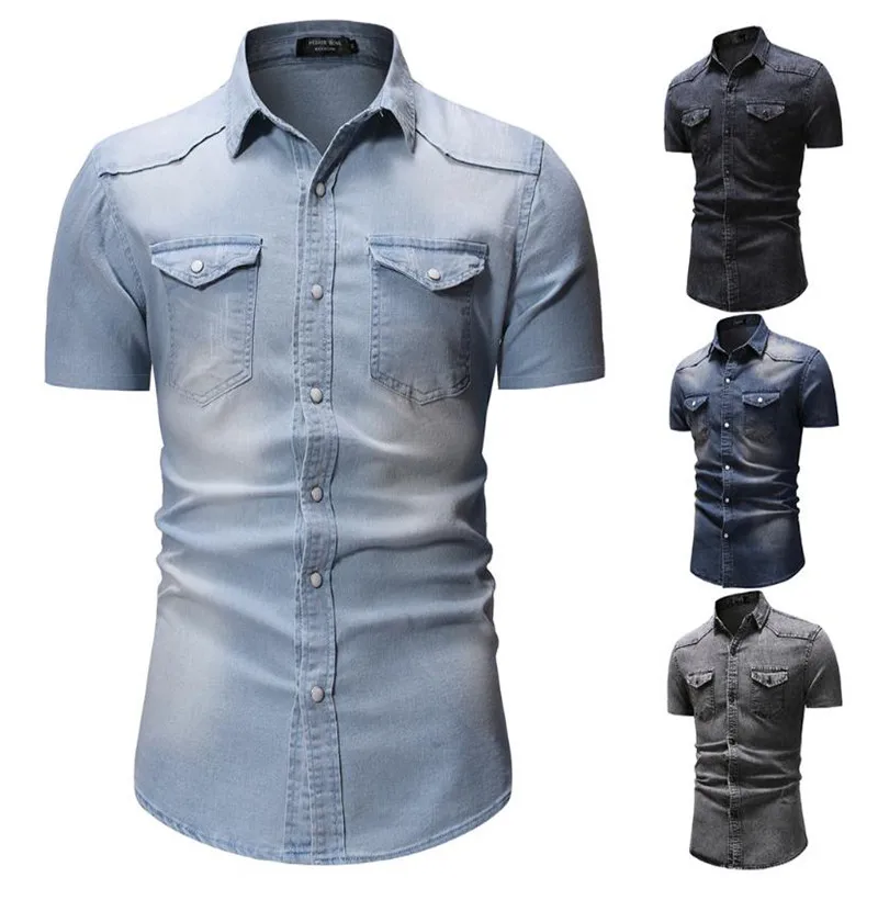 New Men's Denim Shirt Top Short sleeve Fashion Casual Wash Lapel Sleeve Tooling Business High | Мужская одежда