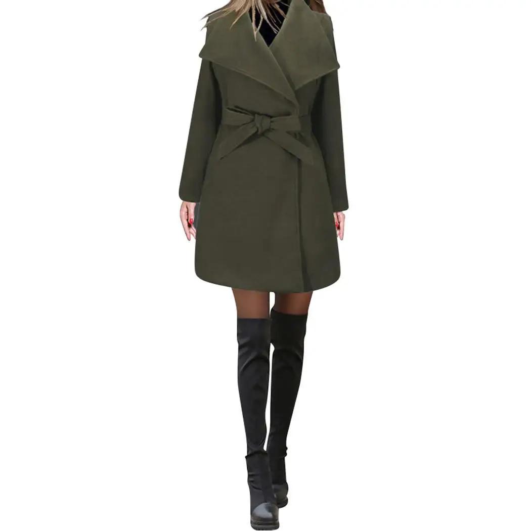 Женское зимнее теплое пальто с длинным рукавом и отворотом выше колена, повседневное, уличное, уличное, и т. д. цельное пальто с поясом и высокой талией
