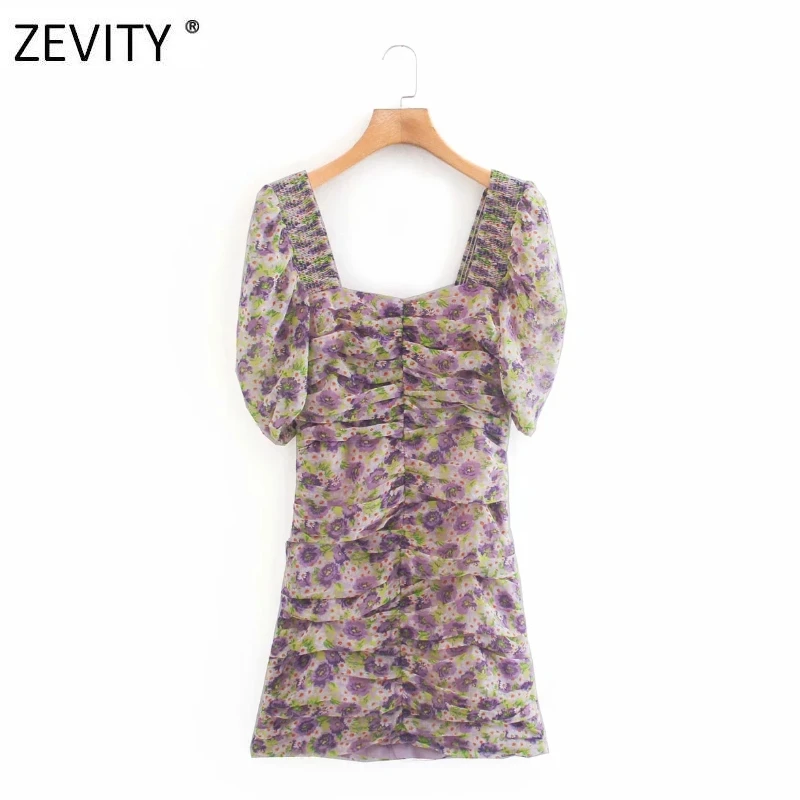 Zevity Women elastic square collar floral print pleated short mini dress female puff sleeve slim vestido party Dresses DS4197 Zevity Women elastic square collar floral print pleated short mini dress female puff sleeve slim vestido party Dresses DS4197