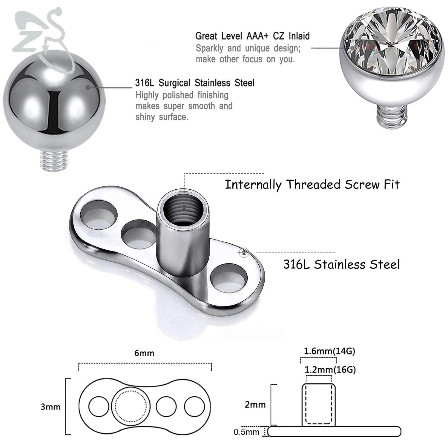 Body Piercing Kit ZS 9-29Pcs/Lot Micro Dermal Piercing Set 316L Stainless Steel CZ Crystal Dermal Anchor Surface Piercings Heart Moon Rings