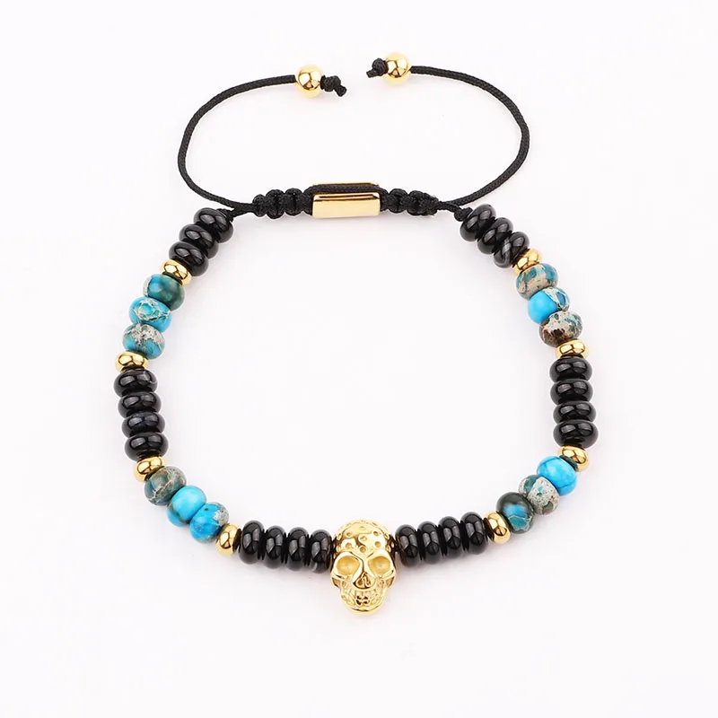 JARAVVI Men Bracelet High Quality Natural Stone Beads Stainless Steel Skull Charm Adjustable Bracelet Men Jewelry Gift