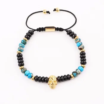 JARAVVI Men Bracelet High Quality Natural Stone Beads Stainless Steel Skull Charm Adjustable Bracelet Men Jewelry Gift