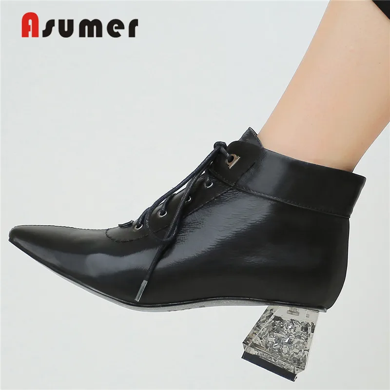 

AUMER 2019 Genuine leather boots women square high heels crystal lace up autumn winter women's boots pointed toe ankle boots