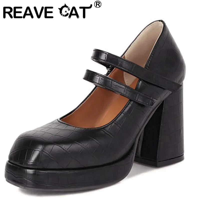 

REAVE CAT New 2021 Women Pumps Square Toe 9.5cm Block Heels Buckle Platform Classic Punk Vintage Big Size 48 Party Casual A3838