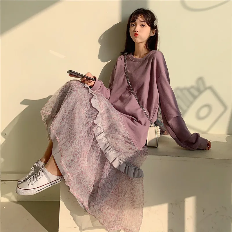 

Photo Shoot 2020 Spring WOMEN'S Dress Loose-Fit Back Cool Frog Hoodie + Floral Gauze Skirt Medium-length Dress