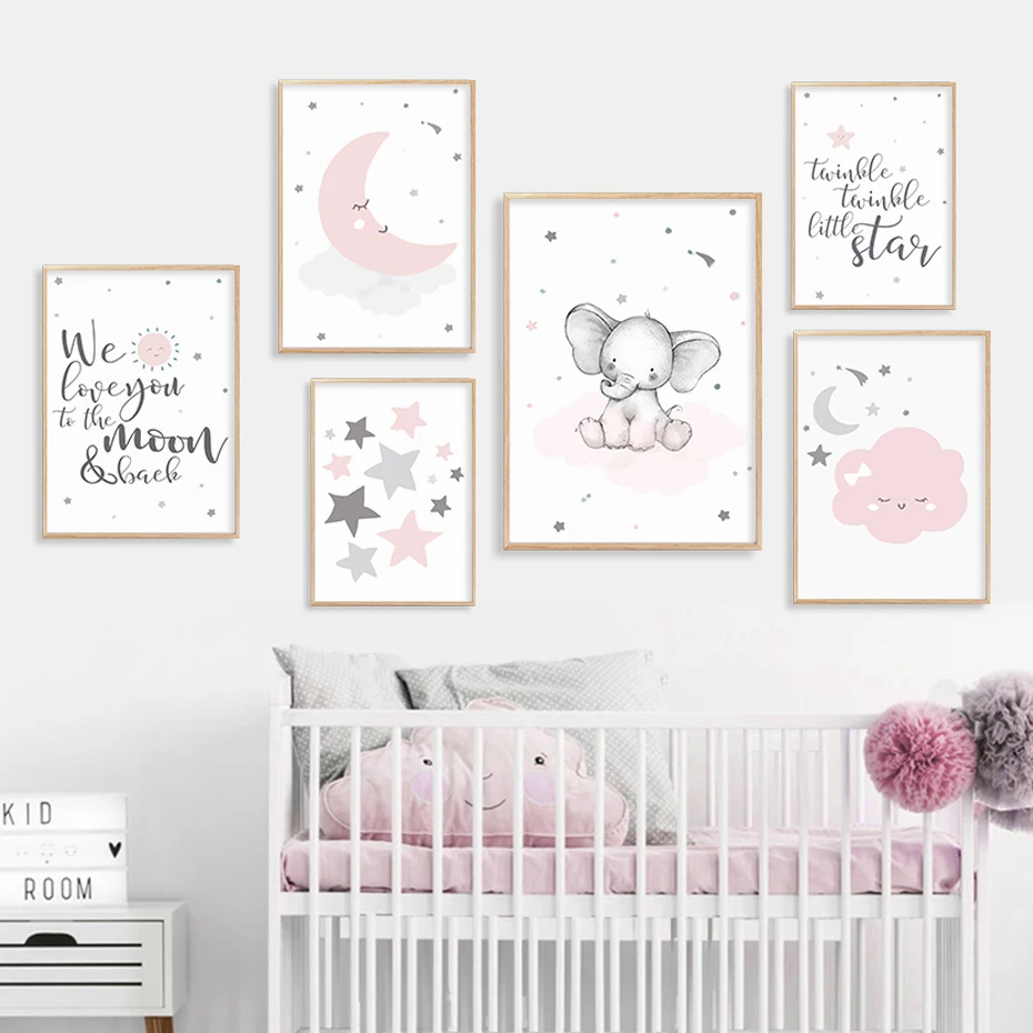 Kawaii Pink Moon Star Canvas Poster Nursery Wall Art Print Baby Room Decoration 