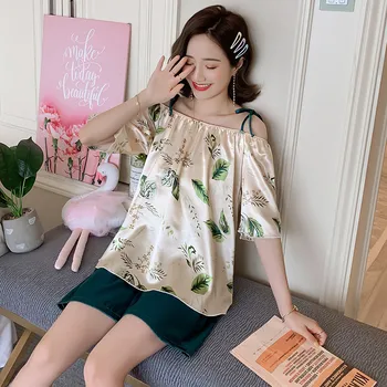 

2020 new spring and summer women's pajamas set simple solid color casual pajamas short sleeve cute cartoon pajamas