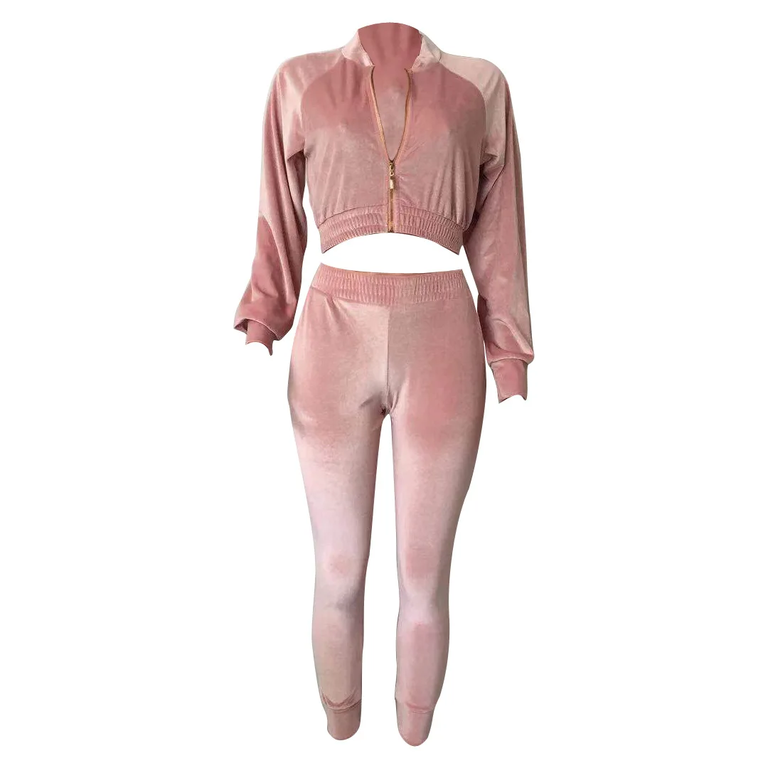 HAOYUAN Бархатный комплект из двух предметов, спортивный костюм для женщин, осенне-зимняя одежда, укороченный топ и штаны, спортивные костюмы, комплект из 2 предметов - Цвет: Розовый