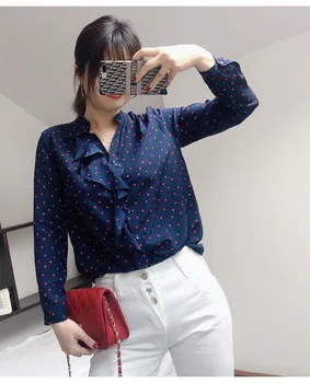 

100% natural silk Blouses Long Sleeve Real Silk Navy Blue Dots Blouse Tops for women Office Wear Shirts work Blouses