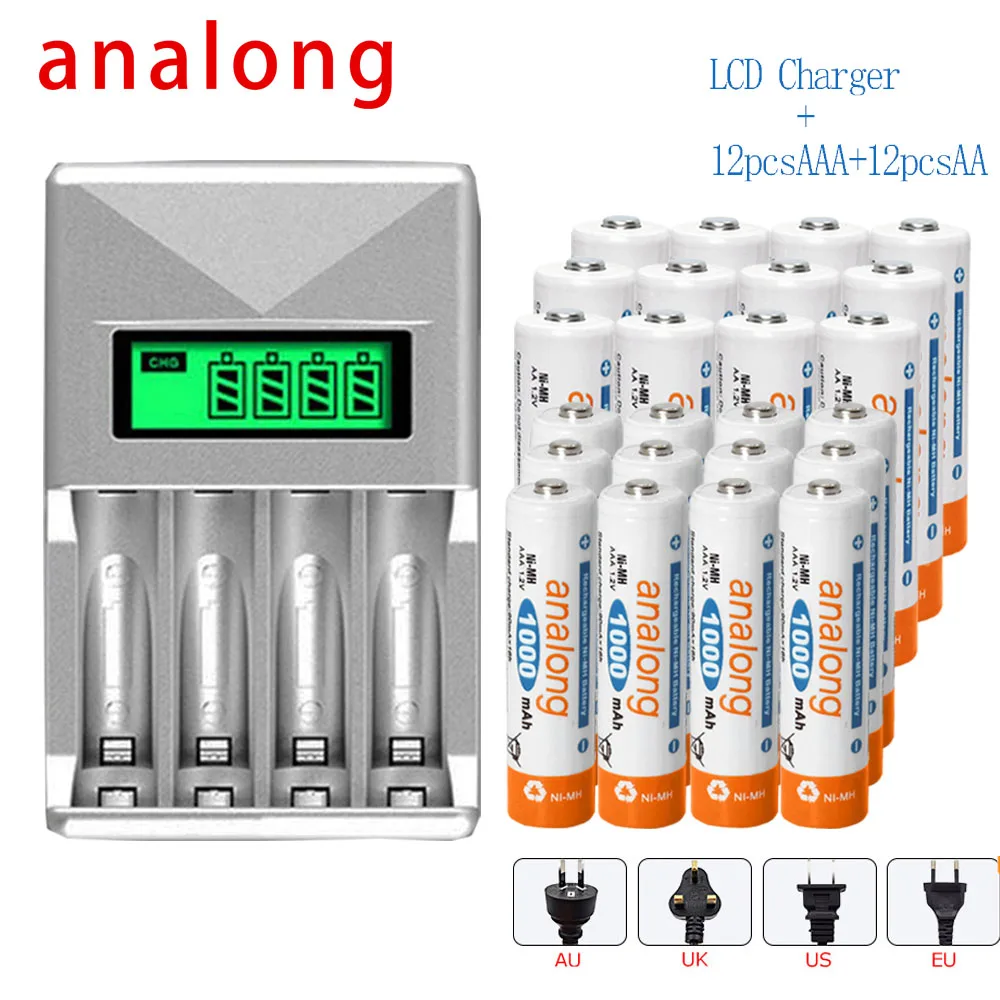 12 шт 1 2 V AA перезаряжаемая батарея 2200mah NIMH aa + 1000mah AAA с ЖК умным зарядным устройством