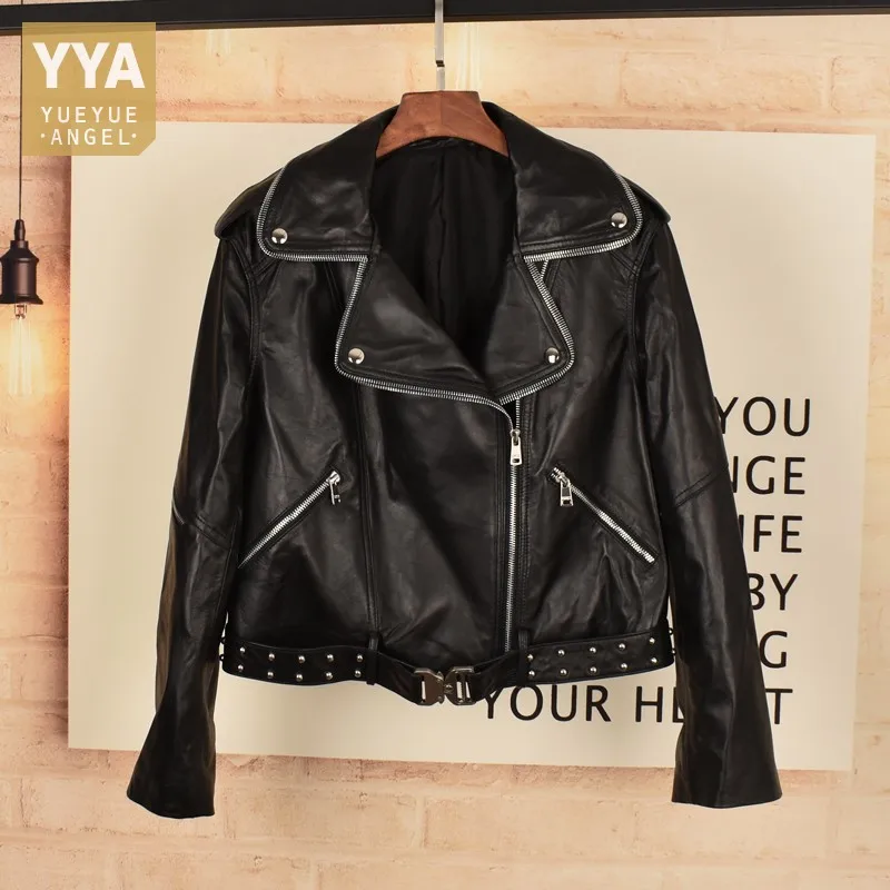 

Spring Autumn New Women Moto Biker Sheepskin Genuine Leather Jacket Zippers Buckle Punk Style Coat Female Rivets Short Jackets