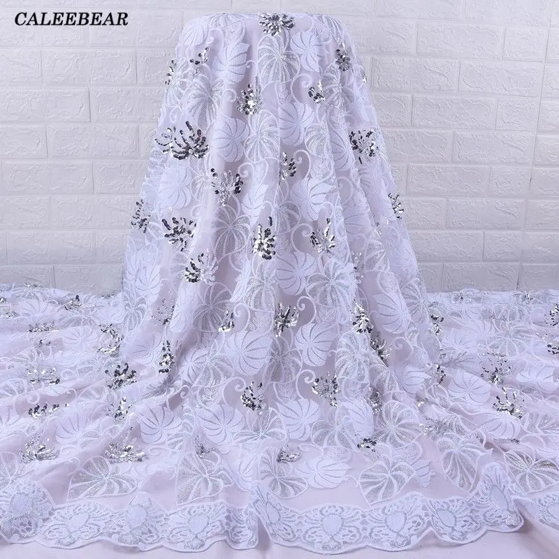 Description Picture 5 of itemLatest Pure White African Sequin Lace Fabric Embroidery French Mesh Lace Fabric With Sequins Nigerian Tulle Lace For Party S2041