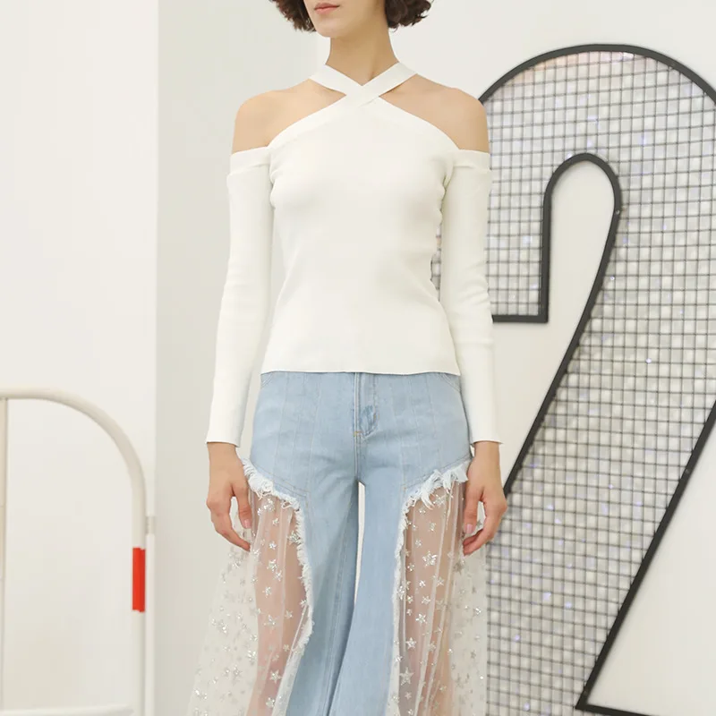 

2020 Antumn Solid Long Sleeve Women's Knitted Shirts Cross Halter Off the Shoulder White Undershirt Tops Free Shipping