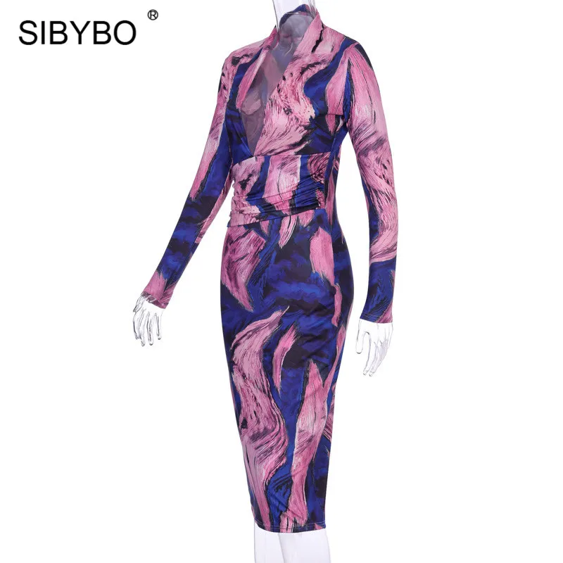 SIBYBO принт тай-Дай сексуальное нижнее белье с глубоким v-образным вырезом Длинные вечерние платья с длинным рукавом сексуальное облегающее женское платье уличная весенние повседневные платья для Для женщин