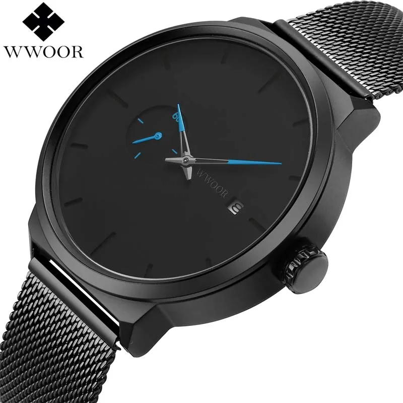 

WWOOR Mens Watches Big Face Date Analog Quartz Wristwatch Waterproof Brand Luxury Black Steel Mesh Watch Male Relogio Masculino
