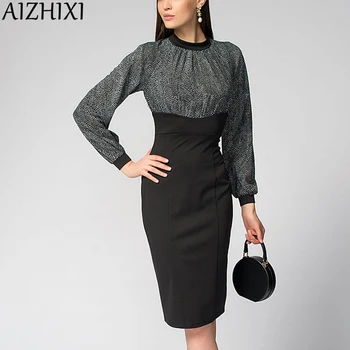 

AIZHIXI Ladies Elegant Lantern Sleeve Pencil Dress Autumn Printed Patchwork Slit Hem Sheath Bodycon Party Dresses Women Vestidos