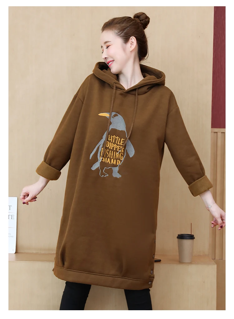 XL-5XL размера плюс женские толстовки платье зима милый мультфильм вышивка длинный рукав утолщение и флис теплые толстовки