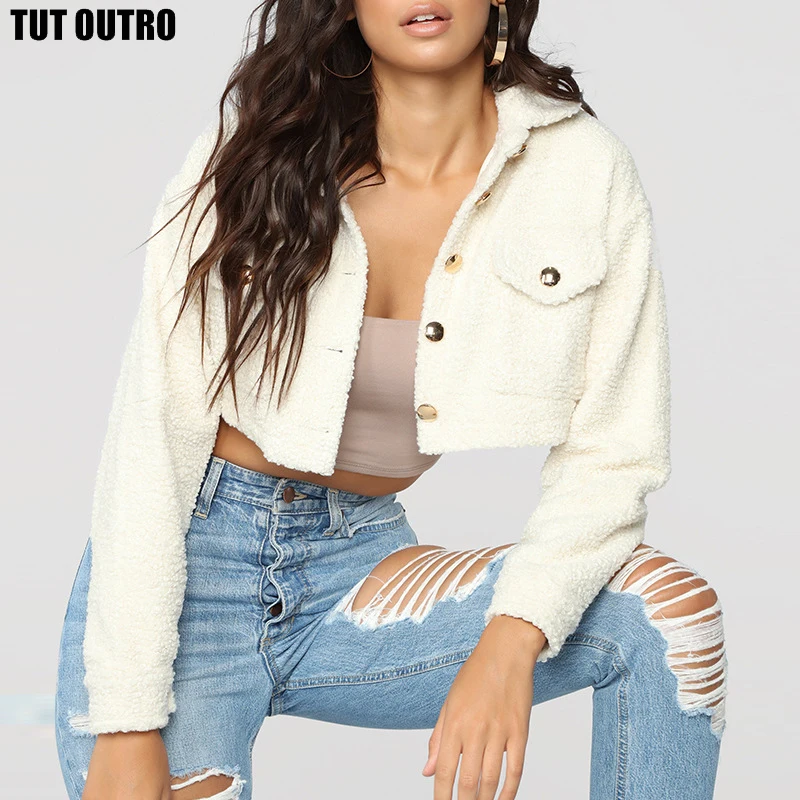 

Elegant Solid Cropped Jacket Women Front Pockets Thick Warm Coat Autumn Winter Soft Short Jackets Female